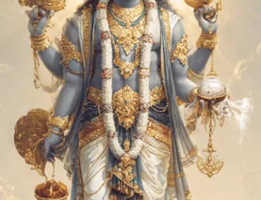 Lord Vishnu in traditional Hindu art style holding Shankha, Chakra, Gada, and Padma with a divine aura and celestial background