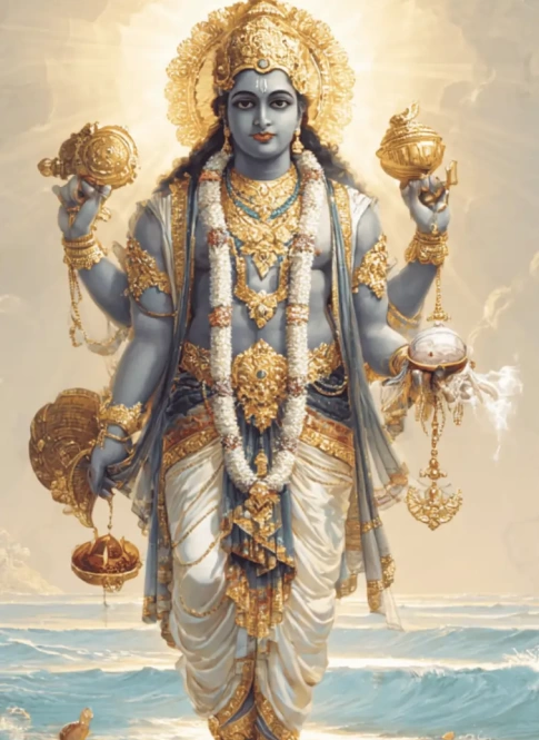 Lord Vishnu in traditional Hindu art style holding Shankha, Chakra, Gada, and Padma with a divine aura and celestial background