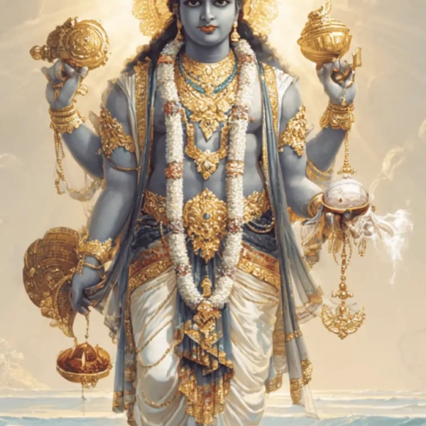 Lord Vishnu in traditional Hindu art style holding Shankha, Chakra, Gada, and Padma with a divine aura and celestial background