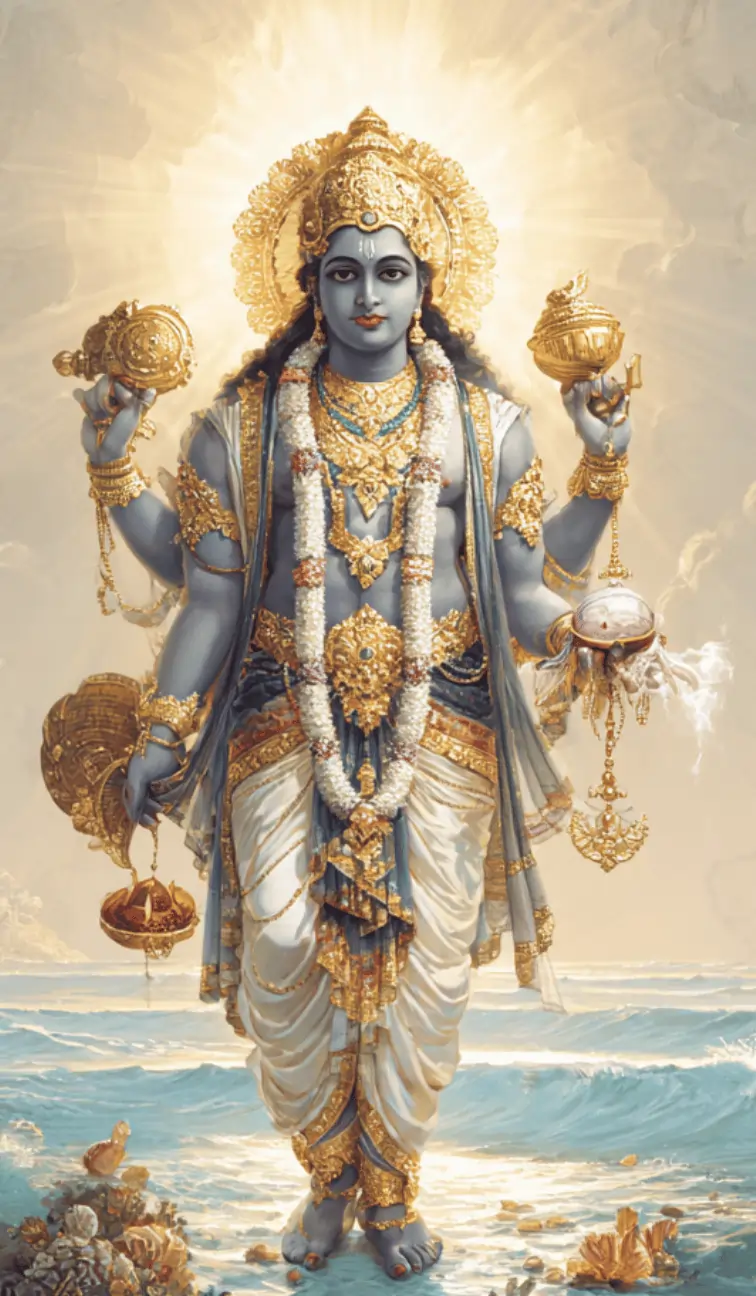 Lord Vishnu in traditional Hindu art style holding Shankha, Chakra, Gada, and Padma with a divine aura and celestial background