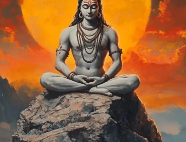 Lord Shiva meditating in the Himalayas with a glowing aura, holding a trident and wearing a snake around his neck