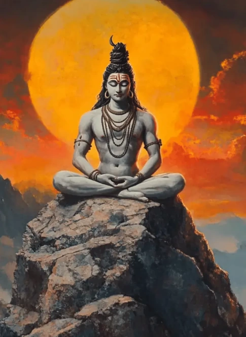 Lord Shiva meditating in the Himalayas with a glowing aura, holding a trident and wearing a snake around his neck