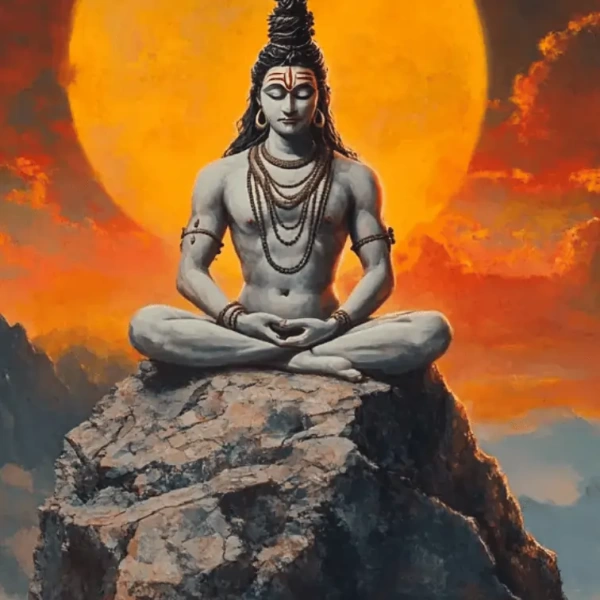 Lord Shiva meditating in the Himalayas with a glowing aura, holding a trident and wearing a snake around his neck