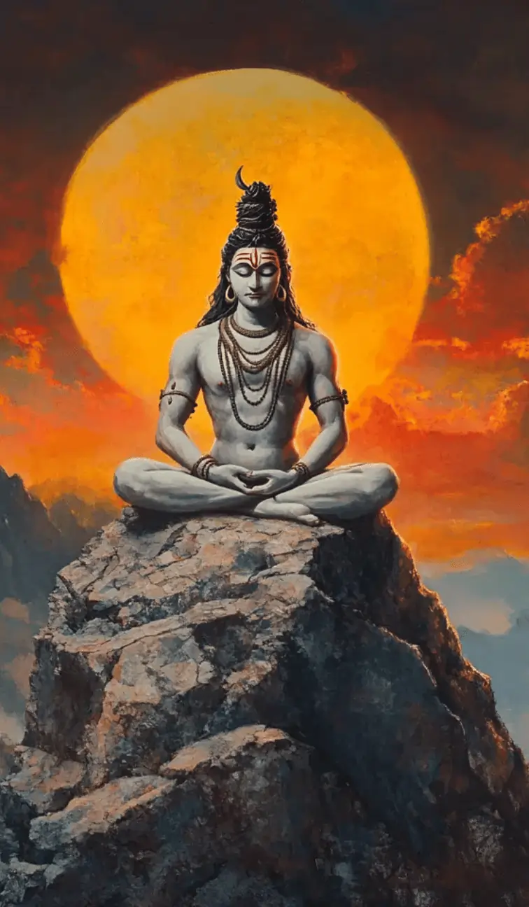 Lord Shiva meditating in the Himalayas with a glowing aura, holding a trident and wearing a snake around his neck