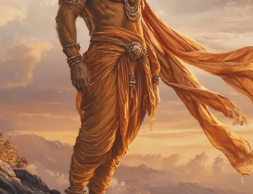 Lord Hanuman standing on a mountain peak at sunset, wearing traditional orange garments and divine ornaments, symbolizing strength and devotion