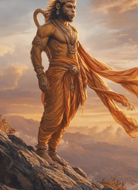Lord Hanuman standing on a mountain peak at sunset, wearing traditional orange garments and divine ornaments, symbolizing strength and devotion
