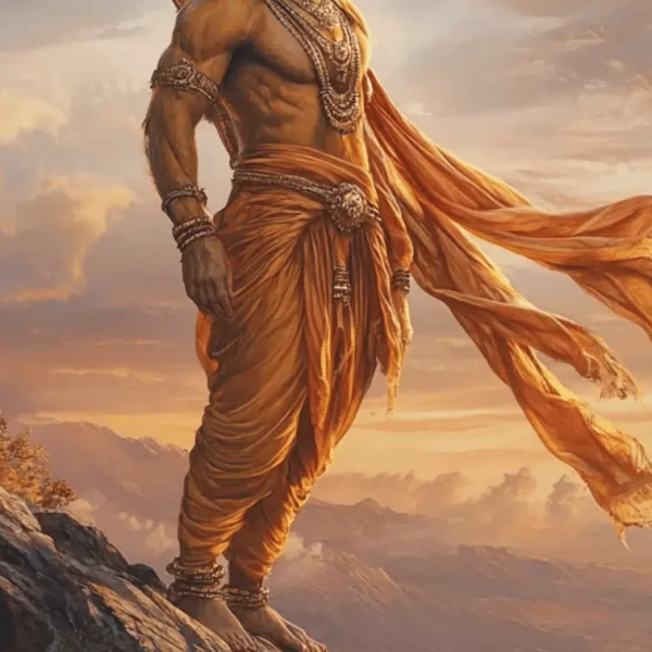 Lord Hanuman standing on a mountain peak at sunset, wearing traditional orange garments and divine ornaments, symbolizing strength and devotion