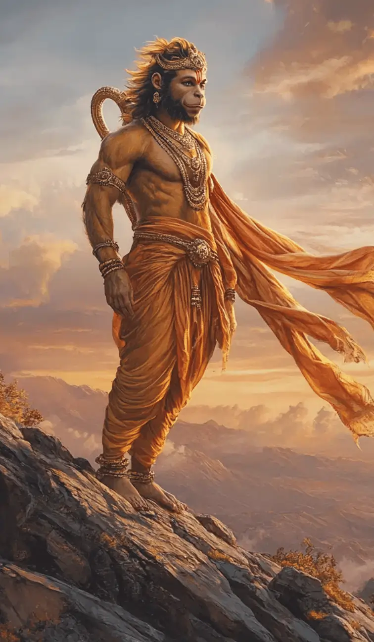 Lord Hanuman standing on a mountain peak at sunset, wearing traditional orange garments and divine ornaments, symbolizing strength and devotion