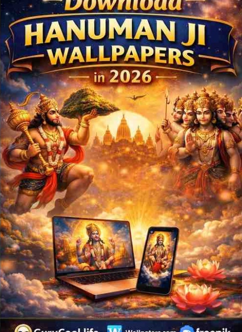 Vertical poster showing the 10 best websites to download Hanuman Ji wallpapers in 2026 featuring Bajrangbali and Panchmukhi Hanuman in HD, 4K and 8K formats
