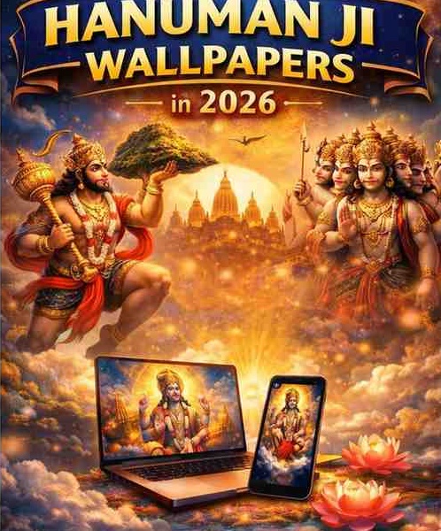 Vertical poster showing the 10 best websites to download Hanuman Ji wallpapers in 2026 featuring Bajrangbali and Panchmukhi Hanuman in HD, 4K and 8K formats