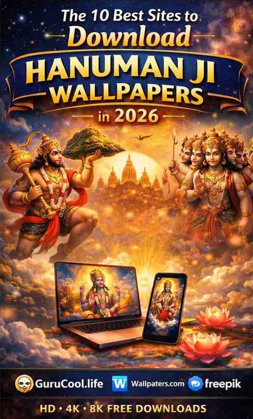 Vertical poster showing the 10 best websites to download Hanuman Ji wallpapers in 2026 featuring Bajrangbali and Panchmukhi Hanuman in HD, 4K and 8K formats