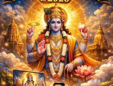 Lord Vishnu HD wallpaper cover image showing Vishnu with Shankha Chakra and festival temples promoting free 4K & 8K downloads in 2026