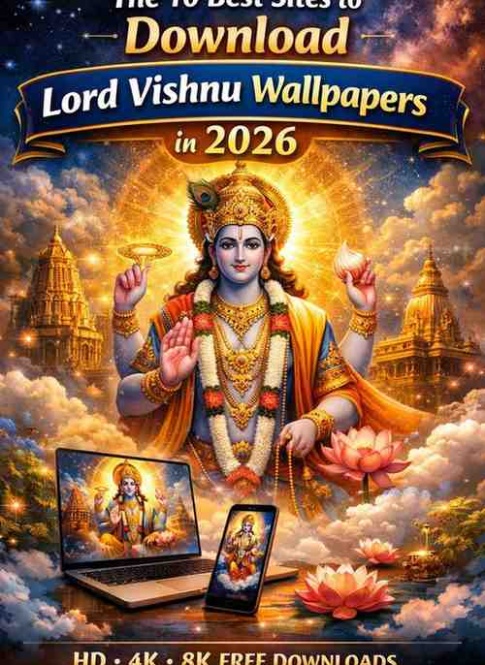 Lord Vishnu HD wallpaper cover image showing Vishnu with Shankha Chakra and festival temples promoting free 4K & 8K downloads in 2026
