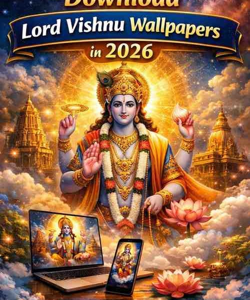 Lord Vishnu HD wallpaper cover image showing Vishnu with Shankha Chakra and festival temples promoting free 4K & 8K downloads in 2026