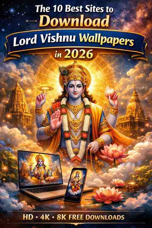 Lord Vishnu HD wallpaper cover image showing Vishnu with Shankha Chakra and festival temples promoting free 4K & 8K downloads in 2026