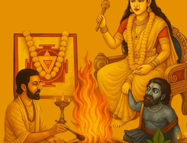 Traditional illustration of Bagalamukhi Yagya showing Goddess Bagalamukhi in a yellow sari seated on a golden throne, holding a demon’s tongue, with a Hindu priest performing a sacred fire ritual surrounded by marigold garlands, a Bagalamukhi Yantra, and ritual offerings.