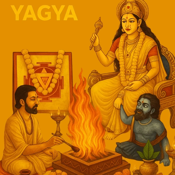 Traditional illustration of Bagalamukhi Yagya showing Goddess Bagalamukhi in a yellow sari seated on a golden throne, holding a demon’s tongue, with a Hindu priest performing a sacred fire ritual surrounded by marigold garlands, a Bagalamukhi Yantra, and ritual offerings.