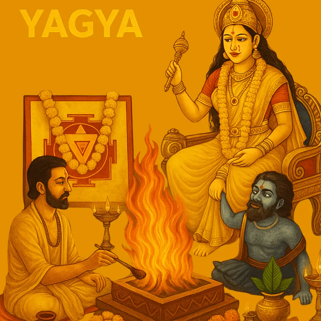 Traditional illustration of Bagalamukhi Yagya showing Goddess Bagalamukhi in a yellow sari seated on a golden throne, holding a demon’s tongue, with a Hindu priest performing a sacred fire ritual surrounded by marigold garlands, a Bagalamukhi Yantra, and ritual offerings.