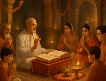 Elder reading scripture as family prays around oil lamps during Akhand Ramayan ritual.