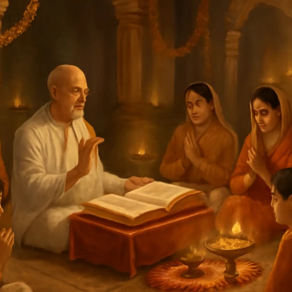 Elder reading scripture as family prays around oil lamps during Akhand Ramayan ritual.