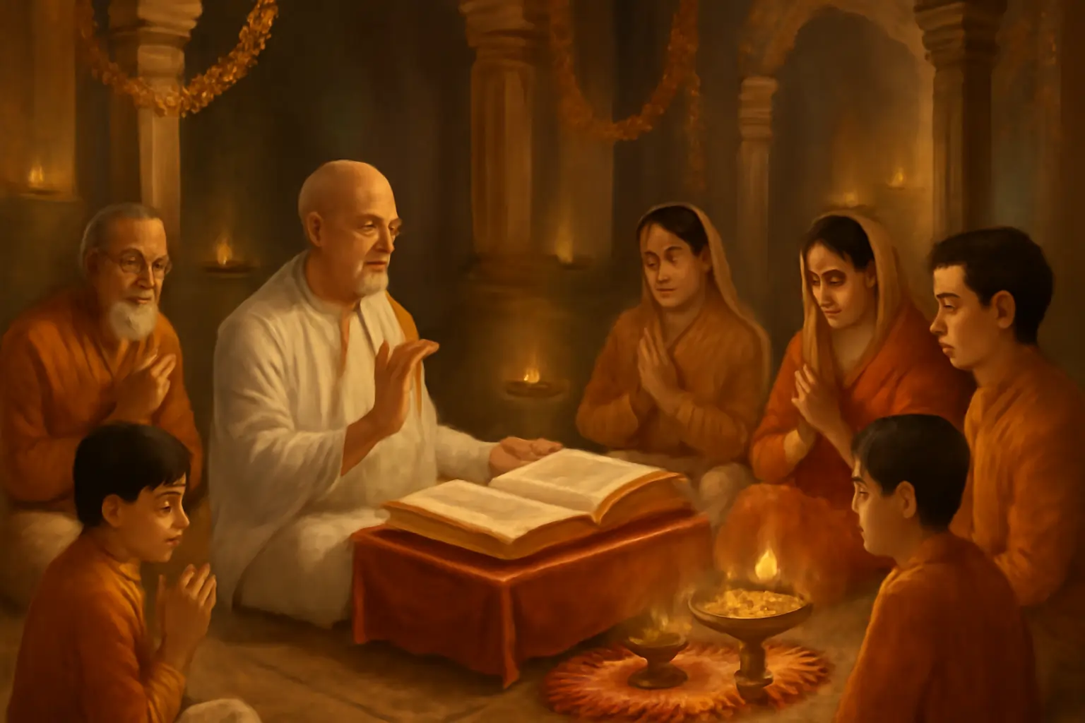 Elder reading scripture as family prays around oil lamps during Akhand Ramayan ritual.