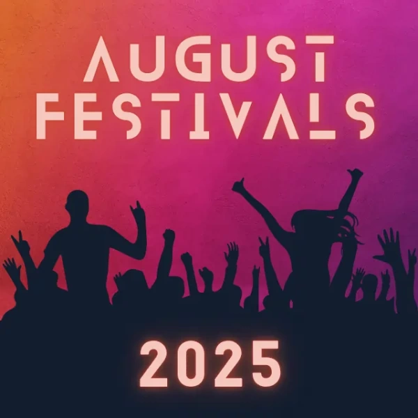Decorative poster with the text “August 2025 ke Festivals” in bold font over a traditional Indian mandala-style orange background with lotus motifs.
