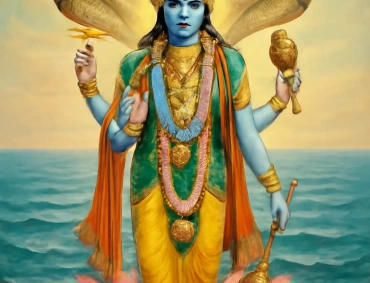 Blue Vishnu stands on lotus, holds conch, discus, mace; hooded Shesha canopy over ocean.