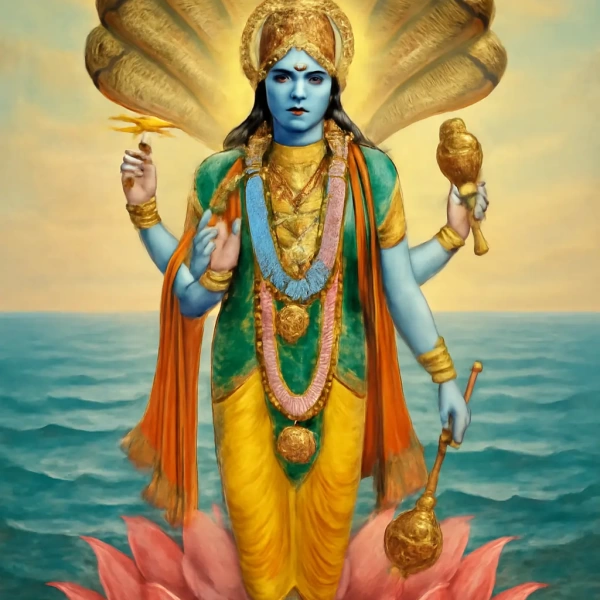 Blue Vishnu stands on lotus, holds conch, discus, mace; hooded Shesha canopy over ocean.