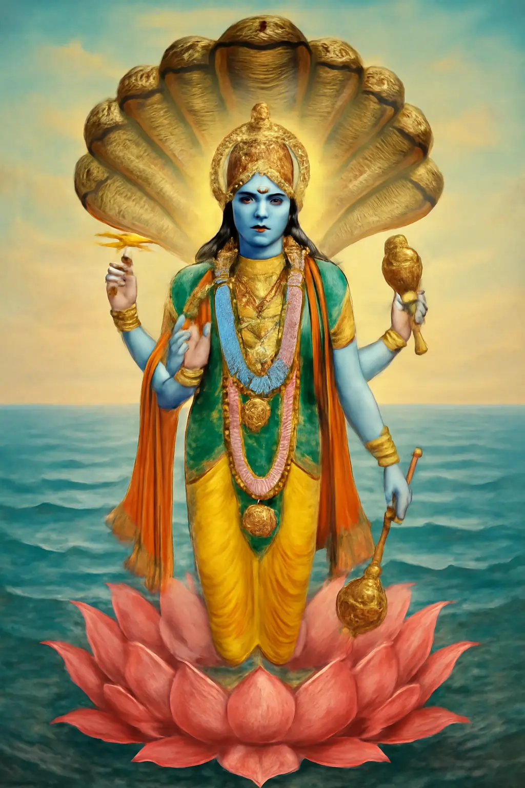 Blue Vishnu stands on lotus, holds conch, discus, mace; hooded Shesha canopy over ocean.