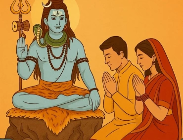 Illustration of Lord Shiva blessing a praying couple during Markandey Mahadev Santaan Sukh Puja for divine blessings of parenthood.