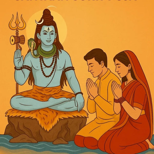 Illustration of Lord Shiva blessing a praying couple during Markandey Mahadev Santaan Sukh Puja for divine blessings of parenthood.