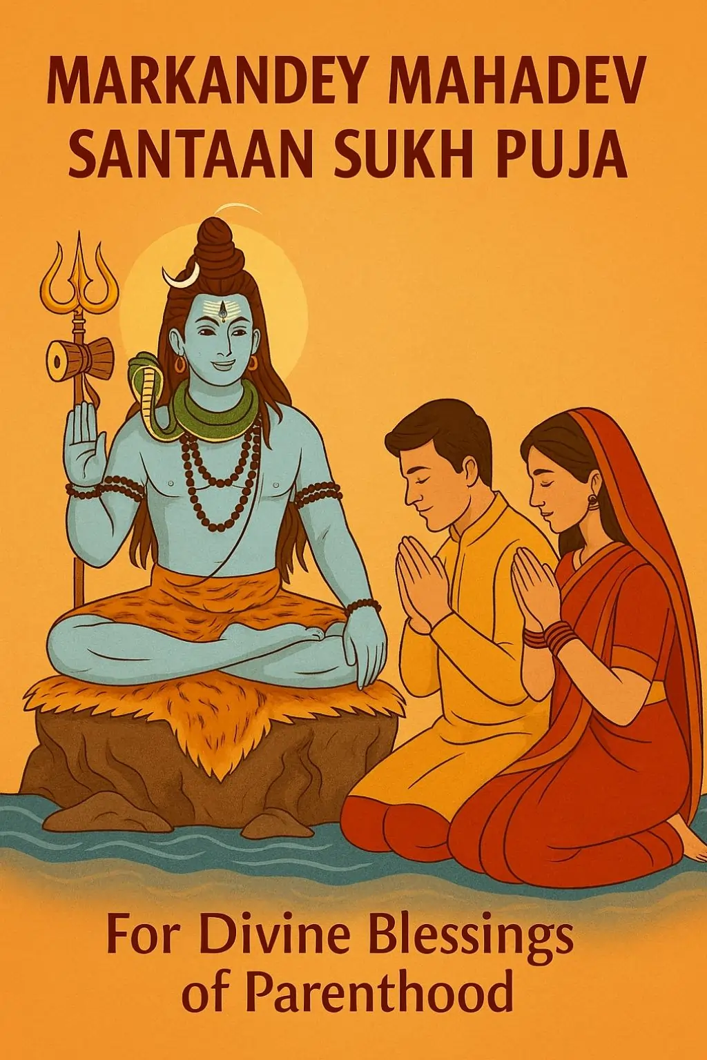 Illustration of Lord Shiva blessing a praying couple during Markandey Mahadev Santaan Sukh Puja for divine blessings of parenthood.