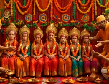 Eight young girls dressed as deities sit garlanded, flanked by monks performing Kumari Puja.