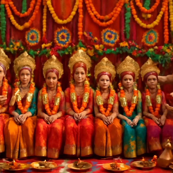 Eight young girls dressed as deities sit garlanded, flanked by monks performing Kumari Puja.