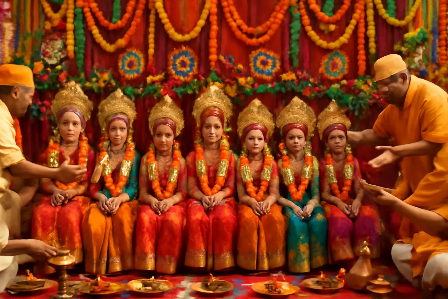 Eight young girls dressed as deities sit garlanded, flanked by monks performing Kumari Puja.