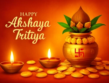 Happy Akshaya Tritiya image: golden kalash with swastika, marigolds, mango leaves, lamps, gold coins.