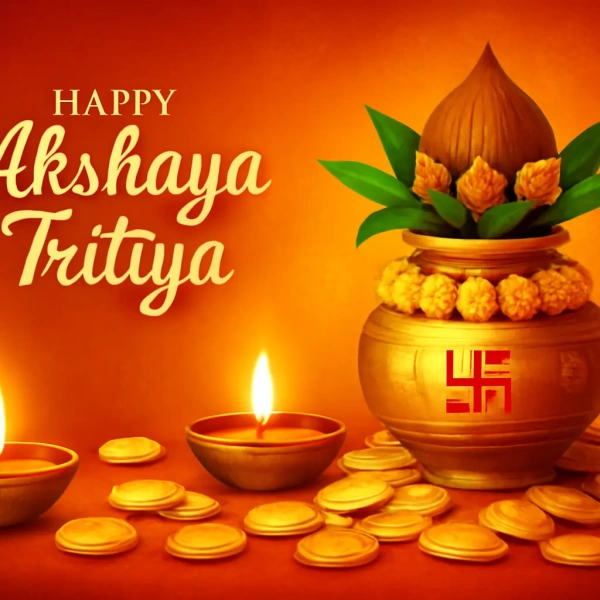 Happy Akshaya Tritiya image: golden kalash with swastika, marigolds, mango leaves, lamps, gold coins.