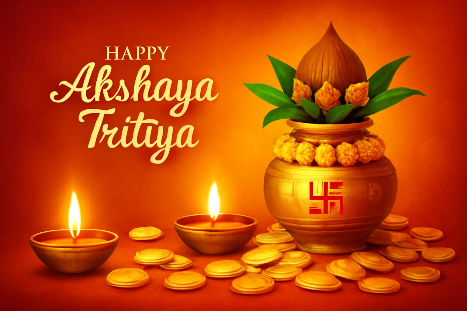 Happy Akshaya Tritiya image: golden kalash with swastika, marigolds, mango leaves, lamps, gold coins.