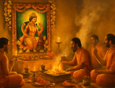 Four Hindu priests in saffron robes perform a smoky fire ritual before an altar, offering lamps and flowers beneath a framed painting of the goddess Bagalamukhi with a yellow aura.