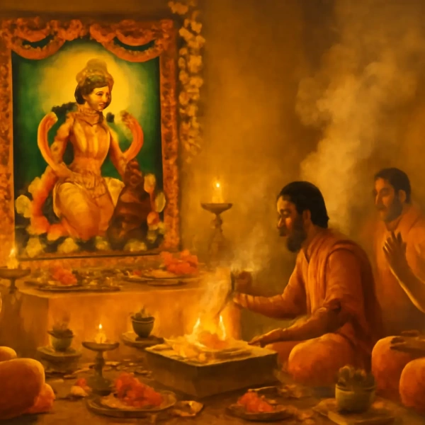 Four Hindu priests in saffron robes perform a smoky fire ritual before an altar, offering lamps and flowers beneath a framed painting of the goddess Bagalamukhi with a yellow aura.