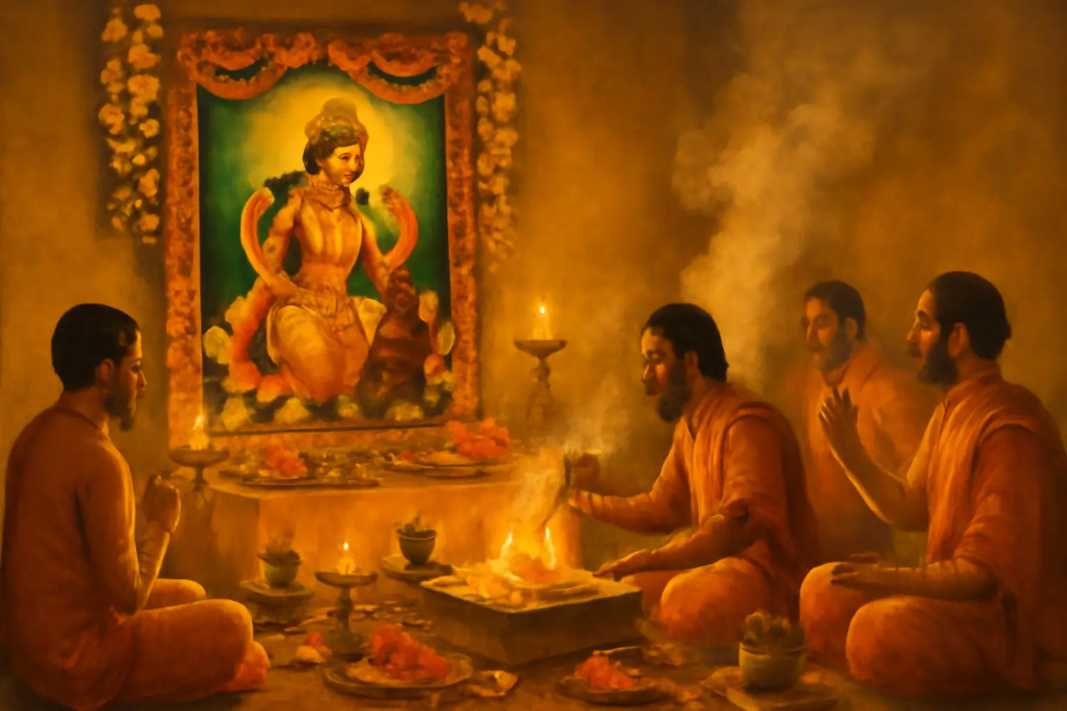 Four Hindu priests in saffron robes perform a smoky fire ritual before an altar, offering lamps and flowers beneath a framed painting of the goddess Bagalamukhi with a yellow aura.