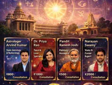 Best astrologers in Bangalore 2025 banner featuring zodiac wheel, Vidhana Soudha, astrologer profiles, and consultation fees