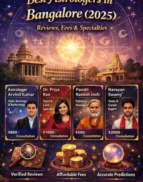 Best astrologers in Bangalore 2025 banner featuring zodiac wheel, Vidhana Soudha, astrologer profiles, and consultation fees