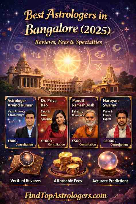 Best astrologers in Bangalore 2025 banner featuring zodiac wheel, Vidhana Soudha, astrologer profiles, and consultation fees