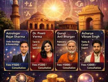 Best astrologers in Delhi 2025 banner featuring zodiac wheel, Delhi monuments, and astrologer profiles with fees and specialties