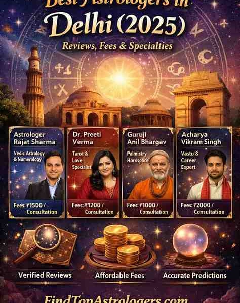 Best astrologers in Delhi 2025 banner featuring zodiac wheel, Delhi monuments, and astrologer profiles with fees and specialties