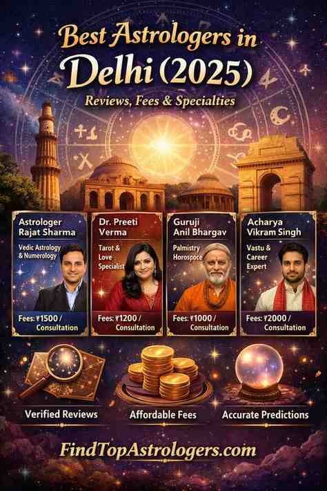 Best astrologers in Delhi 2025 banner featuring zodiac wheel, Delhi monuments, and astrologer profiles with fees and specialties
