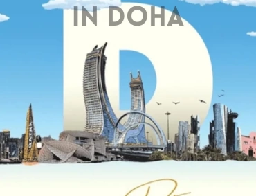 Illustration promoting Doha’s best astrologers, featuring stylized skyline, giant letter D, and Qatar signature.