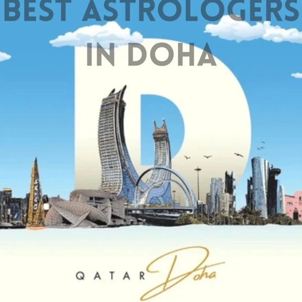 Illustration promoting Doha’s best astrologers, featuring stylized skyline, giant letter D, and Qatar signature.