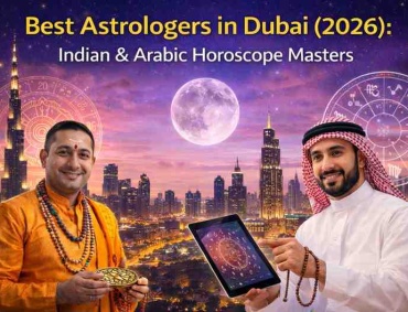 Best astrologers in Dubai 2026 banner showing Dubai skyline with Burj Khalifa, zodiac symbols, a full moon, an Indian astrologer holding a yantra, and an Arabic astrologer using a tablet with a horoscope chart.
